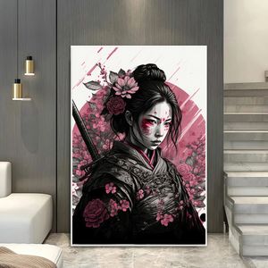 Impressões de pôster de samurai de gueixa japonesa para decoração da sala de estar abstrata mulher guerreira e flor de cerejeira pintando arte de parede