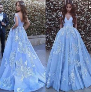 Spetsboll klänning ljusblå prom klänning backless tulle applique off axel v hals pinterest favorit aftonklänningar klänningar1138101