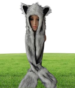Women Fashion Wolf Ears Paws Faux Fur 3 in 1 Hat Scarf Mittens Winter Warm Cap4196874