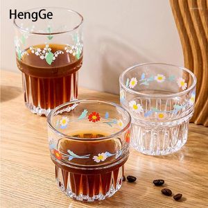 Wine Glasses Korean Flower Painted Glass Cup Creative Striped Relief Couple High Value Ice American Style Coffee Cups Home Beverage Milk