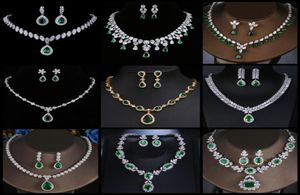 Küpe Kolye AMC Lüks Kübik Zirconik Emerald Yeşil Düğün Küpe Set Mücevher Kadınlar Gelin Hediye Karısı 8594470