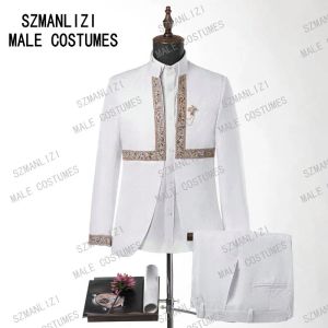 Byxor Szmanlizi 2022 Gentleman Stand Collar White Men Suit With Pants Groom Tuxedos Masculino 2pieces Best Man Wedding Suit Man Dress
