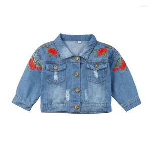 Jackor Fashion Toddler Kid Girl Brodery Denim Jacket Casual Coat Button Outerkläder