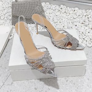 Designer Brand Women Pumps Rhinestones High Heels Transparent Sandals Slingbacks Pointed Toe Party Bride Wedding Shoes Ladies 240402