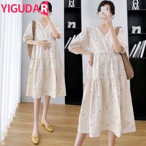 Moderskapsklänningar 2023 Summer Korean Fashion Maternity Long Dress Elegant Party A Line Short SleepClothes For Pregnant Women Ins Pregnancy 240412