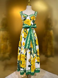 Sicilian Summer Long Dress Women 100% Cotton Spaghetti Strap Yellow Green Flower Print Belt Elegant Beach Camisole