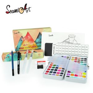 SeamiART 100 Färg Solid Watercolor Gift Set Akvarell Pigment med pensel Borste målarbok för ritning av konstfärgsmaterial