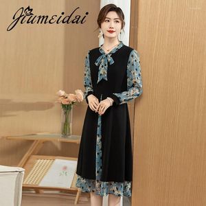 Gelegenheitskleider Jiumeidai-Women's Elegant A-Line Blumal Dot Dress Office Lady Chiffon Robe Retro Designer Party Kleidung Frühling 2024