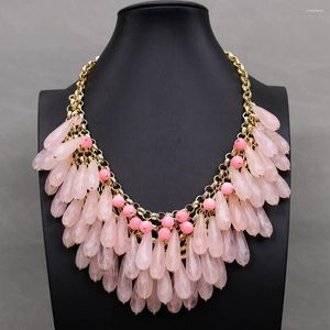 Hänghalsband G-G 18 '' Natural Pink Rose Quartz Facetterad Rock Crystal Jade Gold Plated Chain Halsband Handgjorda festsmycken