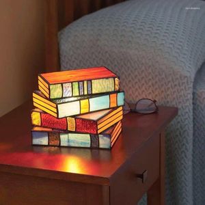 Table Lamps 18cm Stained Glass Stacked Books Lamp Plastic Bedside Night Light Room Decoration