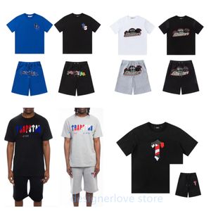 Trapstar T 셔츠 Trapstar Shooters 반바지 세트 세트 디자이너 Mens T 셔츠 매칭 세트 럭셔리 여성 Tshirt 팬츠 정장 스트리트웨어 자수 검은 흰색 티 여름 복장