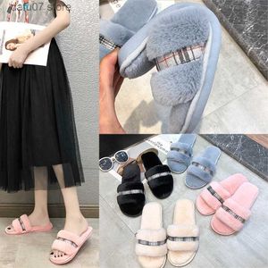 Slippers New Style Straight Line Plush Slippers for Womens Autumn and Winter Splicing with Exposed Toe Mops Indoor Wooden Flooring Cotton H240412