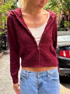 Kadın Örgü Twist Fermug-Up Hardigan Sweater Kadın Sokak Giyim Pamuk Cep Kapüşonlu Sweaters Vintage Tatlı İnce Mahsul Üst