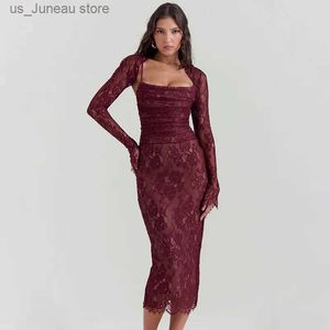 Grundläggande casual klänningar gtpdpllt spetstryck bodycon sexig klänning kvinnor 2024 kläder elegant kvällsfest kläder 2 bit set bodycon midi långa klänningar t240412