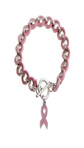 Wholenew Pink Ribbon Breast Cancer Awareness Wake Visor Charm Armband Bangles Pink Alloy Love Ribbon Chenille Woven Brace1049116