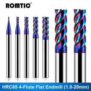 Romic HRC65 4-Flute Blue Nano Coating Tungsten Steel Carbide Flat Milling Cutter för CNC Machine Machining Center Endmills Tool