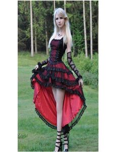 Gotiska prom klänningar flickor hög låga röda och svarta spetsar tyll satin remmar korta front långa bakre festklänningar anpassade storlek18450171320255