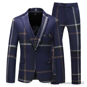 Men's Suits Blazers Men Plaid 3 Piece Suit Set Blazer Vest Pants British Style Slim Double Breasted Wedding Dress Jacket Coat Trousers Waistcoat