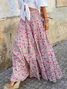 Summer Long Skirt Boho Print Female Floral Beach Maxi Skirts Ladies Vintage Loose Elastic Waist Holiday 240329