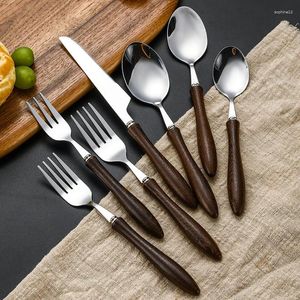 Dinnerware Sets Kitchen Tableware Accessories Retro Stainless Steel Spoon Forks Knife With Wooden Handle Banquet Western Dinner Cutlery