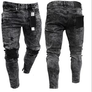 Biker kot pantolon sıkıntılı streç yırtılmış erkekler hip hop ince fit delikleri punk fermuar saf renk kot pantolon 240403