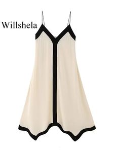 Willshela 여성 패션 패치 워크 등이없는 느슨한 미디 드레스 빈티지 얇은 스트랩 v 넥 여성 세련된 여자 드레스 240408