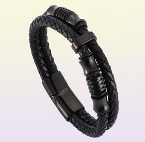 Двойной тканый кожаный браслет для мужчин панк -ювелирные изделия черная из нержавеющая сталь магнитная застежка.