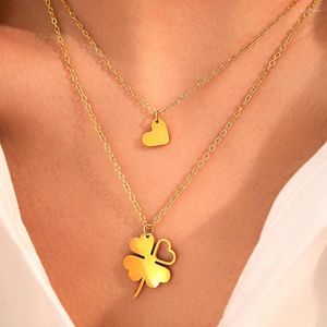 Chains Stainless Steel Necklaces Classic Clover Heart Pendant Layer Chain Fashion Vintage Necklace For Women Jewelry Birthday Gift
