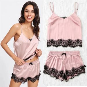 Ana Sayfa Giyim Kadın Seksi Saten Dantel Skalm -Pijama Setleri Babydoll Lingerie Nightdress Pijama 2 PCS Set