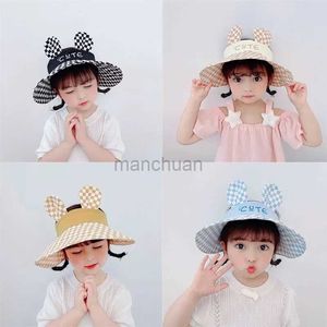 Visors Wide Brim Hats Bucket Hats Kids Sun Hat Lattice Print Bucket Hat For Girls Big Brim Cotton Summer Outdoor UV Sunscreen Empty Top Sun Hat No Top Visor Caps 24412