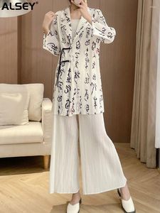 Женские штаны с двумя частями Alsey Miyake Плиссированные печатные изделия, установленные для женщин Осень, одинокая грудь, полная рукава, топ, винтеж, широкая нога в стиле