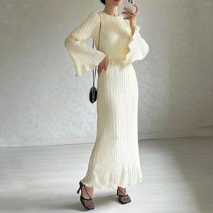Casual Dresses Flare Sleeve Ribbed Pet Long Women Solid Color O Neck Elegant Maxi Dress Winter 2024