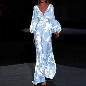 Basic lässige Kleider Lange Kleiderinnen Frauen losen v Hals Abendkleider drucken sexy lässige elegante Urlaubsfeier Lose Herbst Maxi Vestidos 2023 Herbst T240412