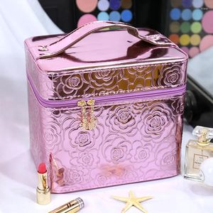 Storage Bags Cosmetic Bag Women's Pu Material Large Capacity Rose Shape Double Layer With Mirror Glossy Box Portable Travel Small 1Pc