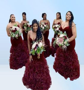 Burgundy Bridesmaid Dresses Organza Ruffle African Pron Gowns Wedding Guest DressesS trapless Velvet Laceup Backless Evening Dres28261064