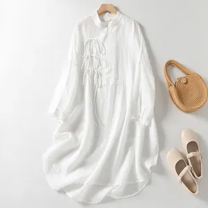 Casual Dresses Limiguyue Chinese Style White Loose Summer Dress Women Cotton Linen Long Shirt Thin Sleeve Split Vestidos E409