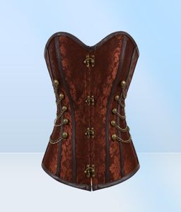 Donne Vintage Steampunk Pannelli in pelle Gothic PU Jacquard Overbust Corset Top con catene e pulsanti accento S6XL Plus size Brown4606734