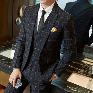 Ternos masculinos Blazers Terno de casamento Men Slim Fit Plaid Suit 3pc Conjunto masculino Blazers Calças Man Hom