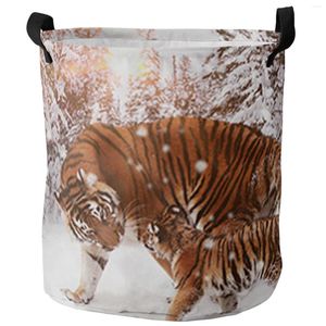 Laundry Bags Snow Forest Tiger Dirty Basket Foldable Round Waterproof Home Organizer Clothing Children Toy Storage