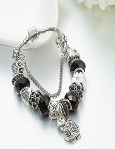 Strands Charm 925 Silver Armband Black Beads, Owls and DIY Flowers for Women's Charms8243408