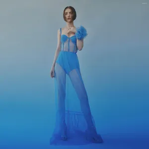 Lässige Kleider sexy sexy durch blaue lange Tüllrobe mit handgefertigter 3D -Blume Maxi Kleid Ein Korsett Bustier Strandkleider