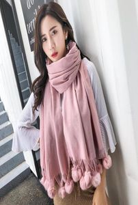 Sciarpe vera pelliccia pompom sciarpa rosa per donne colori solido cashmere scialle invernale femmina femmina bianca hijab Stole2321975