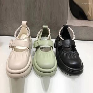 Casual Shoes Ruffles Leather Belt Mary Janes Woman Ankle Pearl Strings Platform Double Layer Bottom Creepers Flats 2024