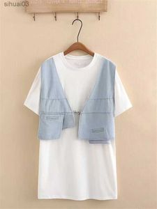 Grundläggande casual klänningar plus storlek kvinnor sommarklänningar i mellanlängd besättning hals t-shirt med asymmetriskt denim lapptäcke framme på framsidan av ärmad t-shirtl2403