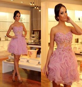 Graceful Little Pink Short Cocktail Dresses Handmade Flowers Appliques Sweetheart Party Dress Ruffles Organza Mini Homecoming Pro4134124