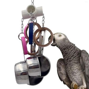 Other Bird Supplies Pullable Parrots Pots And Bagel Toys 5 Rings Stainless Steel Cups Bite Cage For Mini Macaws Pleasing Noises