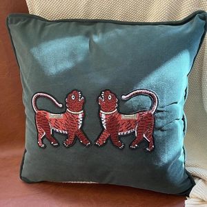 Pillow DUNXDECO Luxury Green Velvet Retro Red Tigers Embroidery Cover Decorative Case Modern Office Sofa Chair Coussin