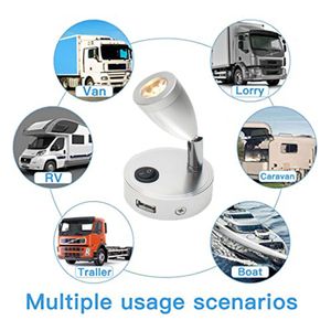 RV Reading Light 12V LED Spotlight with Quick USB Charger 24V DC Camper Van Trailer Bed USB Charging Port Book Reading Light