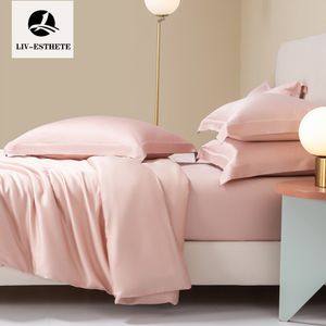 Liv-Estete Women Pure 100% Silk Bedding Set Healthy Pink Däcke Cover Flat Sheet Pillow Cases Queen King Bed Linne For Sleep Gift