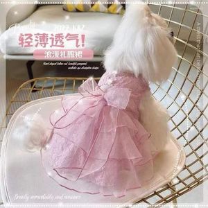 Dog Apparel Pink Lace Princess Dress Dogs Clothes Kitten Party Wedding Small Clothing Cat Bowknot Chiffon Thin Summer Girl Pet Products